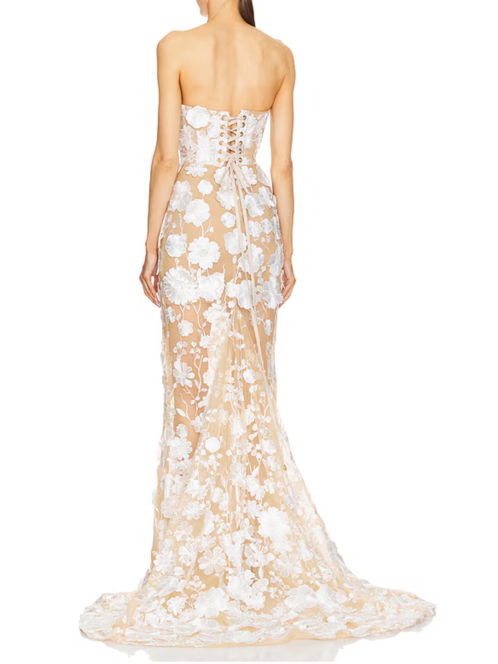 Bronx And Banco Nude Strapless Lace Appliqu Gown With White Floral